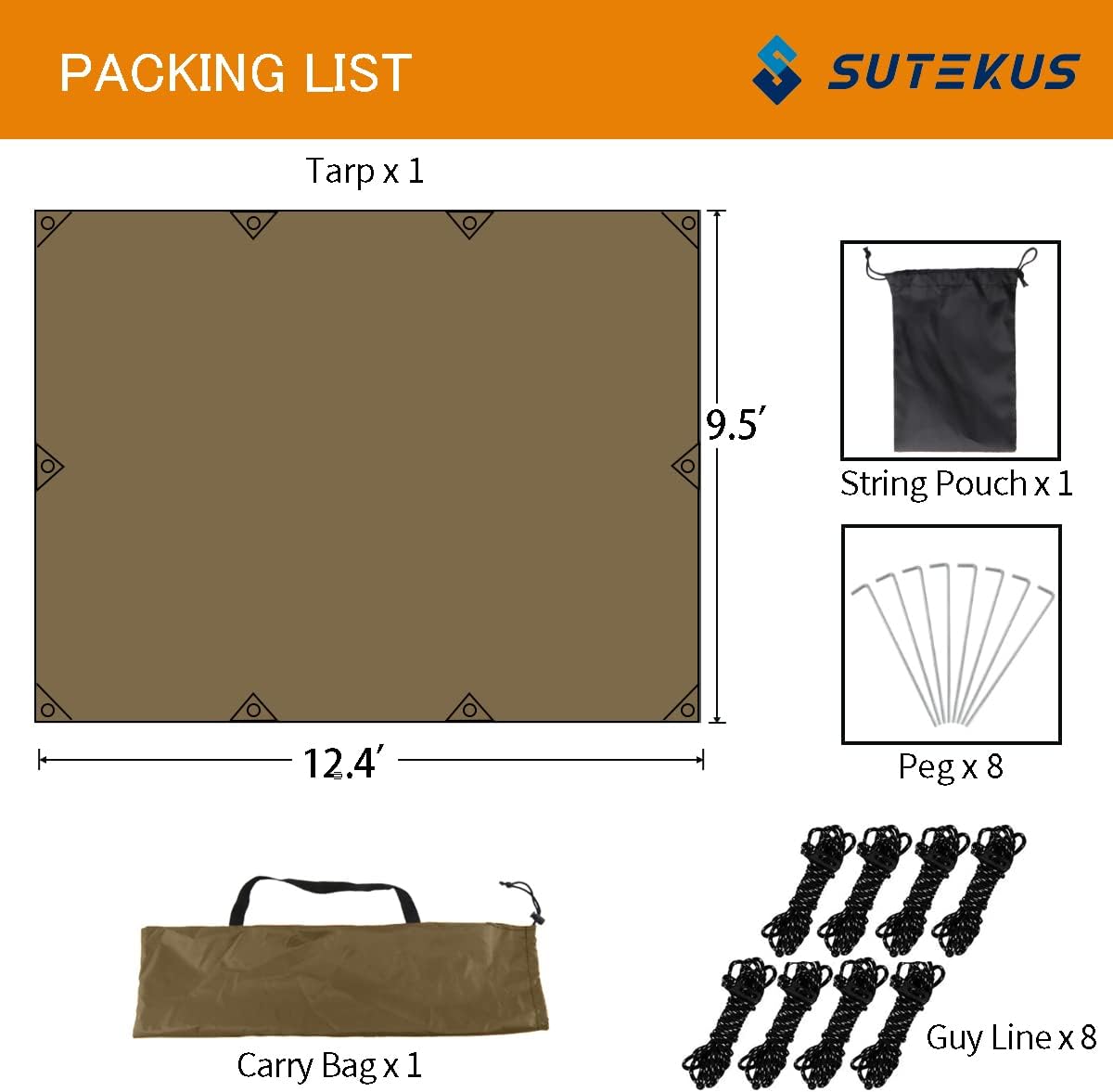 Sutekus Camping Tarp Rain Fly Tarp Waterproof Tent Tarp Lightweight Ripstop Fabric 12FT Extra Large Tarp (Khaki)