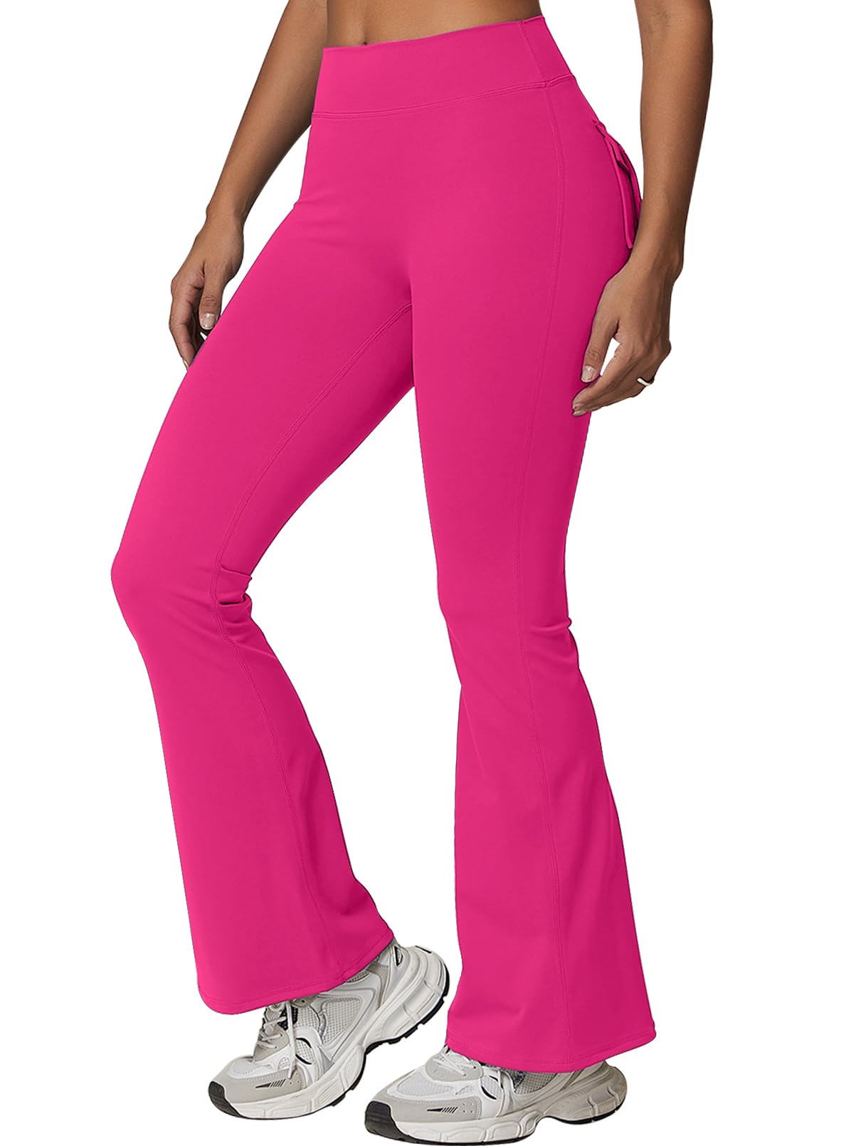 Rugkey Women High Waisted Flare Leggings with Pockets Tummy Control Compression Yoga Pants Scrunch Butt Lifting Workout Tights Rose-L
