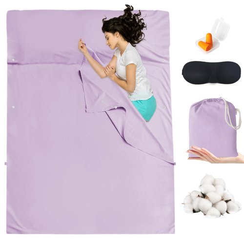 BREENHILL Cotton Sleeping Bag Liner，Double Camping Sheets & Travel Sheet Hostels & Traveling Sleep Sack for Backpacking, Hotels Lightweight Sleeping Bag Liners with Zipper Comfortable Purple
