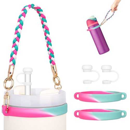 HEYSKAY Water Bottle Handle with Strap for Stanley 12-40OZ Tumbler Water Bottle Strap for Carrying Owala Flask 24-40oz Water Bottle Sling As Stanley Cup Accessories with 2PCS Silicone Straw Covers