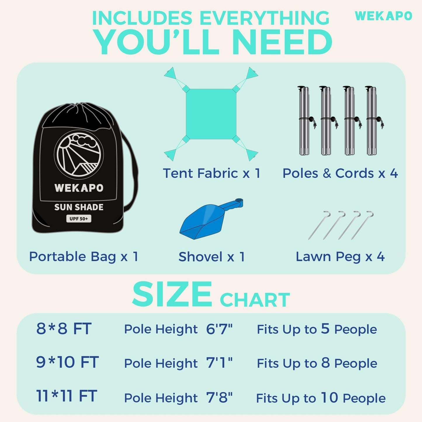 WEKAPO Beach Tent Sun Shelter - Easy Setup Beach Canopy with 4 Sturdy Poles, Large Sandbags and Shovel, 6'7'' Tall, Windproof Sun Shade for Backyard and Camping, UPF 50+ Protection