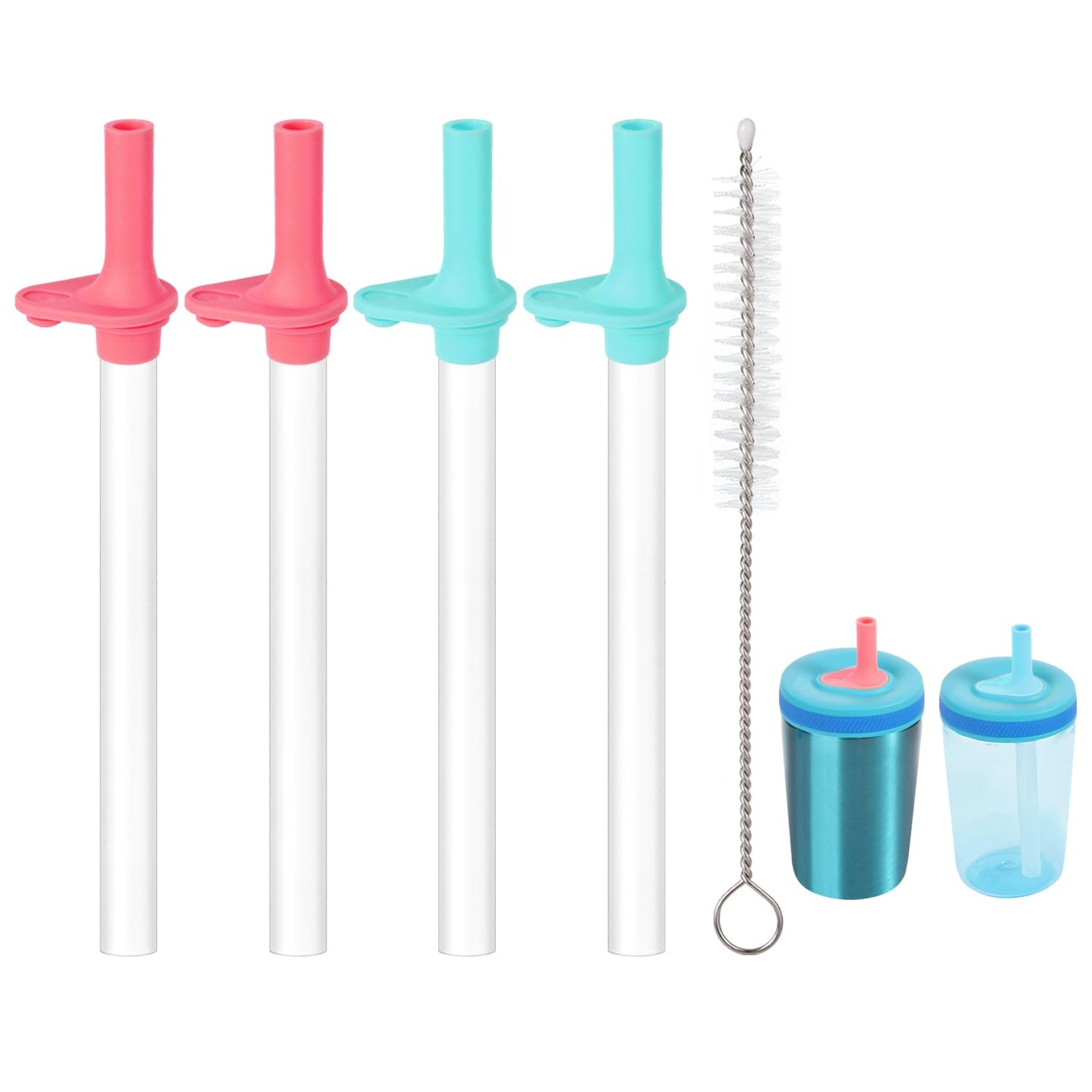 4pcs Replacement Straws with Bite Valve for Zak Designs Kelso 15 oz, with 1 Cleaning Brush Reusable Kids Cup Replacement Straws Accessory for Zak, BPA-Free (Light Blue + Pink)