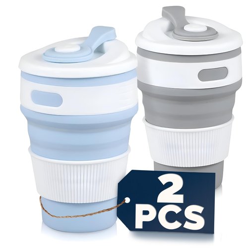2-Pack Сollapsible Cups for Traveling Reusable – 12oz Leakproof Coffee Travel Mug, Silicone, Foldable & Portable for Hiking, Camping, Office | Lightweight Collapsible Coffee Cups for Outdoor Use