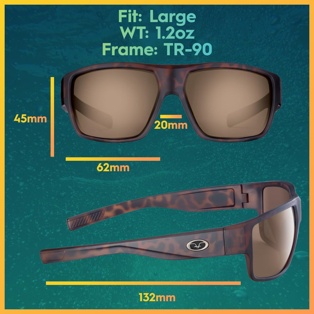 Flying Fisherman Granders Polarized Square Sunglasses, Matte Tortoise Frame/Amber Lens, Large