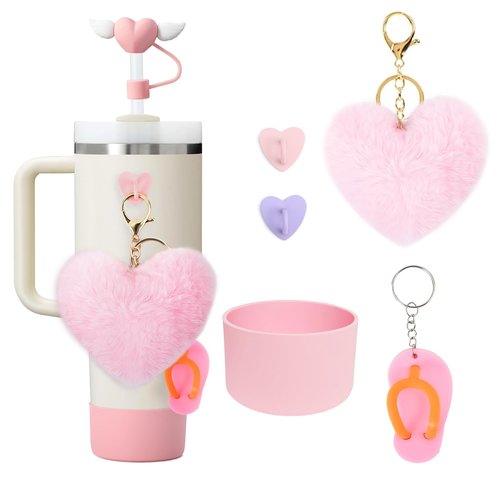 Gusgopo 6 PCS Cup Accessories Set for Stanley 40oz & 30oz Tumbler.Including Silicone Boot,Straw Cover Cap,Heart Hook,Heart Pompom and Slippers