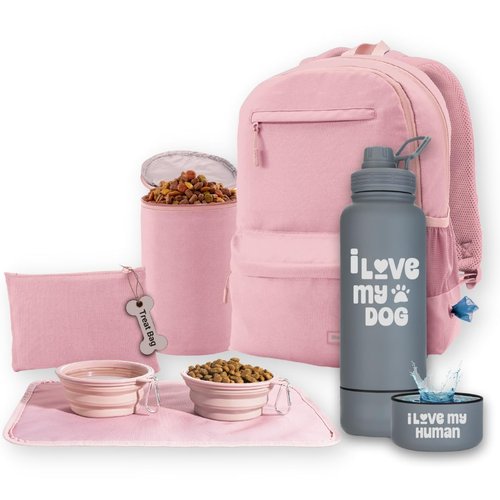 rubyloo The Original Doggy Bag Backpack (Dusty Pink) & 32 oz Insulated Water Bottle with Attached 8 oz Bowl (I Love My Dog) – Dog Travel Backpack & Hydration Set