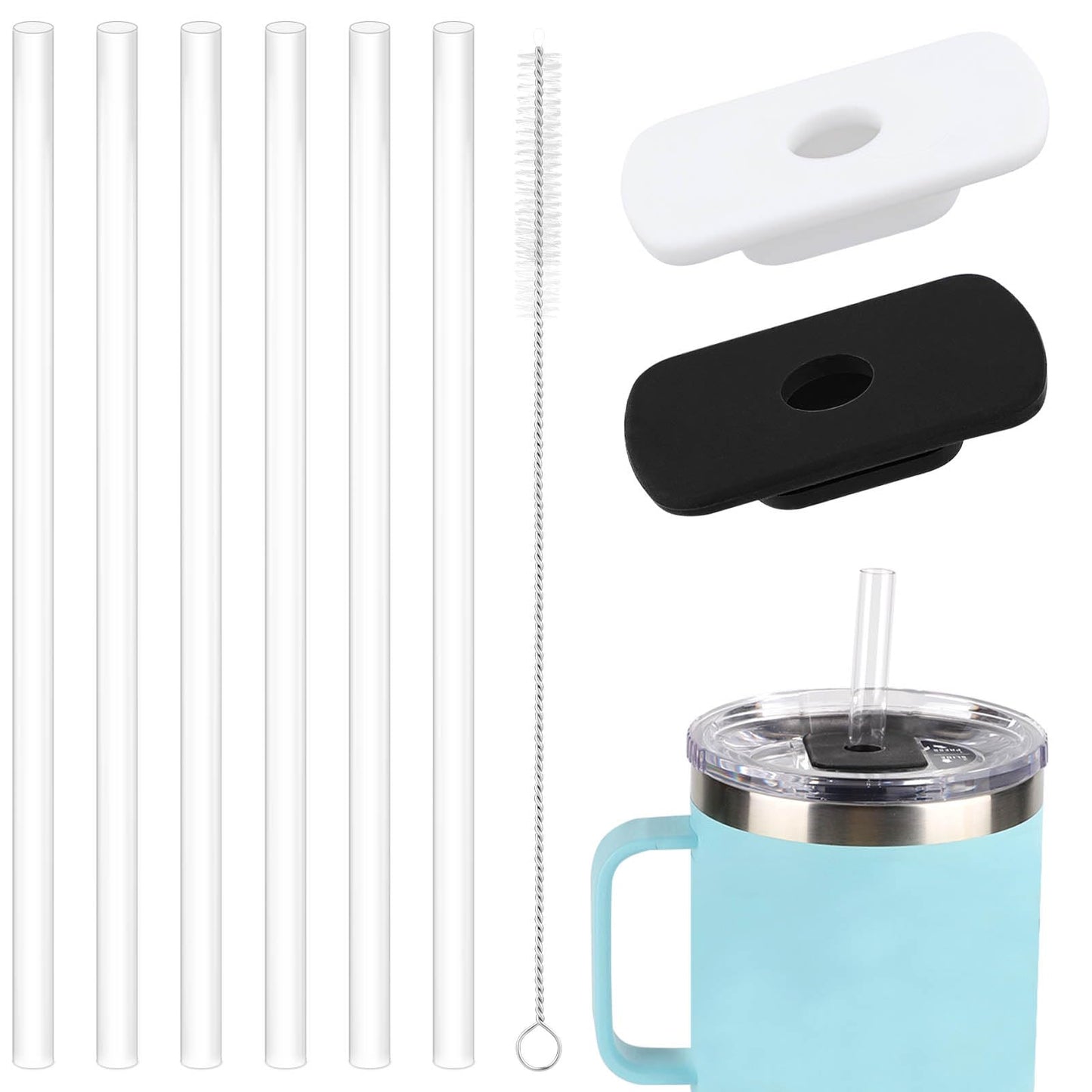 2pcs Straw Lid Attachment with 6pcs Straws Compatible with YETI Tumbler 20oz 30oz Travel Mug, BPA-Free Straw Lid Cup Accessories for Yeti Stronghold Lid Straw Parts Cover (Black White)