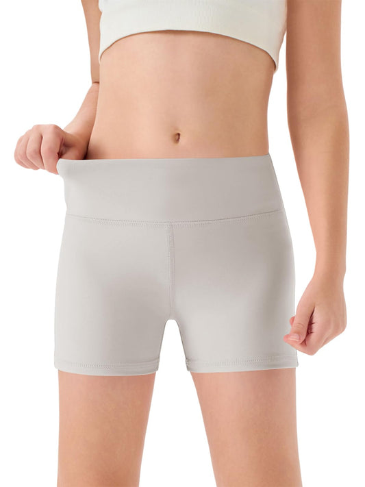 Haloumoning Girls Athletic Shorts Kids High Waisted Yoga Dance Biker Shorts Comfy Gymnastics Shorts 5-14Y Light Gray