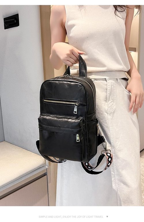 Sling Bag with 2 Guitar Strap for Women Vintage Pu Leather Chest Bag Casual Crossbody Shoulder Daypack for Hiking (black)