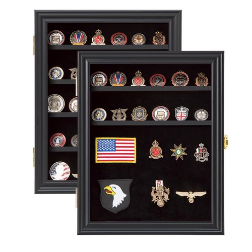 Verani Medals Display Case 2 Pack - Military Challenge Coin Display Shadow Box - Pin Display Cabinet with Removable Shelves and Pinnable Background for Badges Ribbons Insignia Buttons Small Black