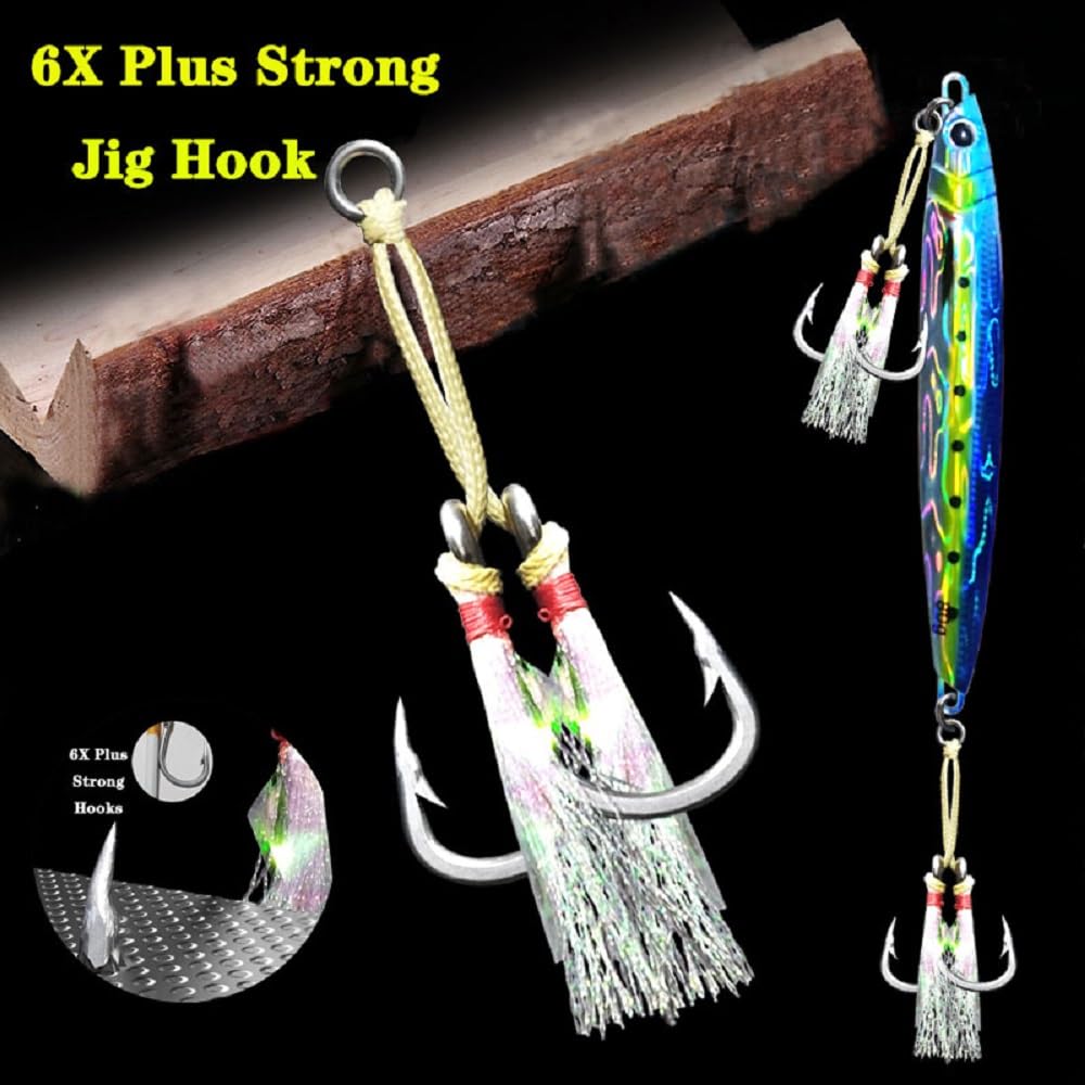 Feianoto 4 Pairs Fishing Double Barbed Jig Hook Kevlar Line 6X Extra Strong Strength Slow Fast Jigging Assist Saltwater Hooks Jigs Lure Circle Hook (4/0)