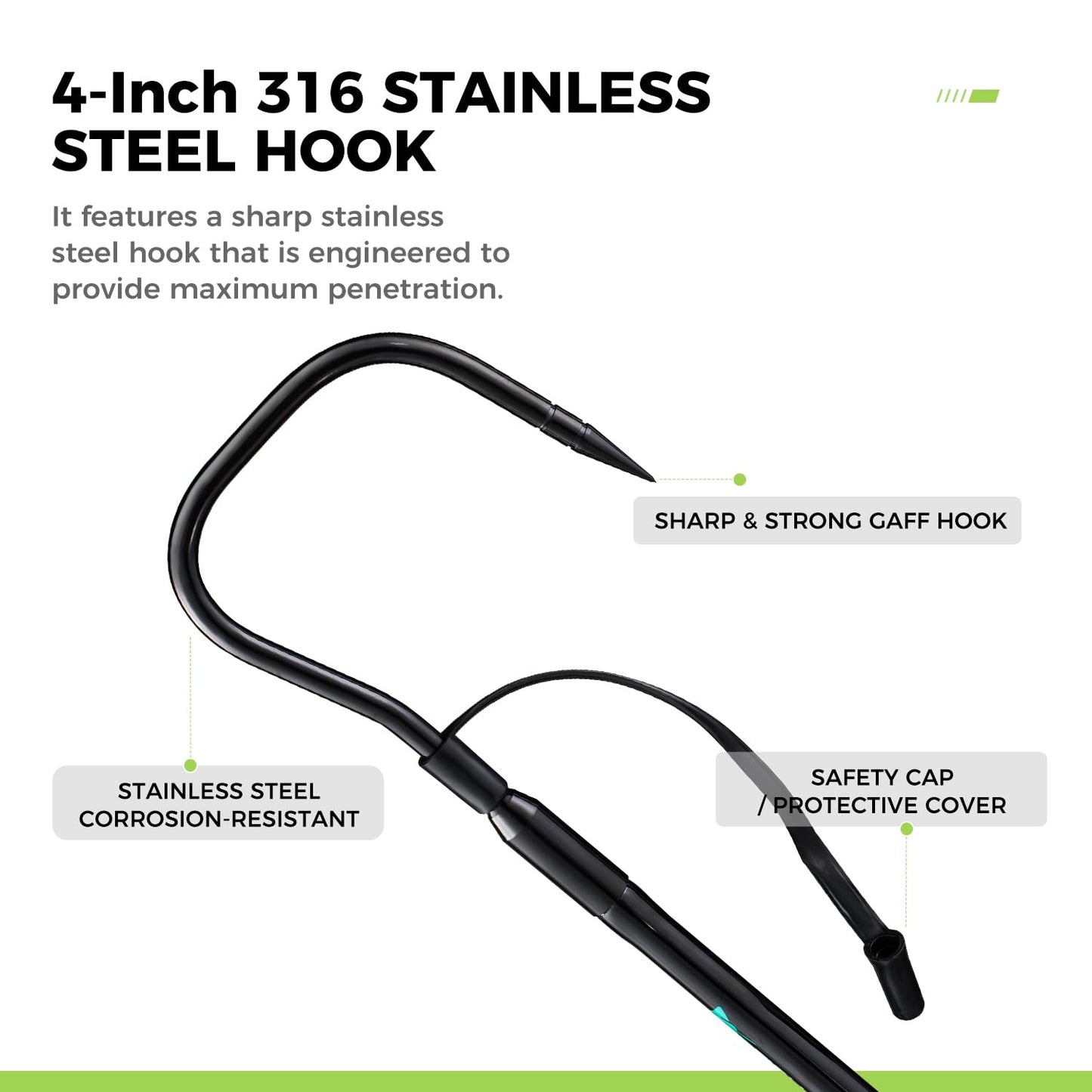 FISHAPPY Fishing Gaff Saltwater Fish Gaff with 4-Inch Stainless Steel Fishing Hook Solid Fiberglass Fishing Gaff 3'/ 4'8''/ 7' (4-Feet 8-Inch)