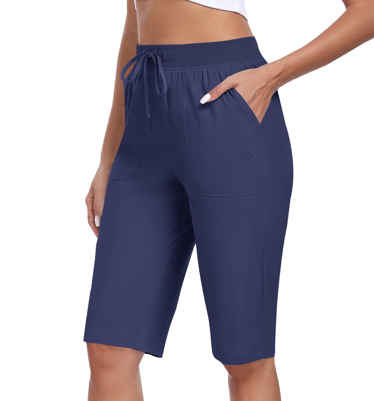 MoFiz Knee Length Shorts Women 13" Lightweight Long Shorts Women Casual Summer Outdoor Athletic with Pockets Navy Blue 2XL