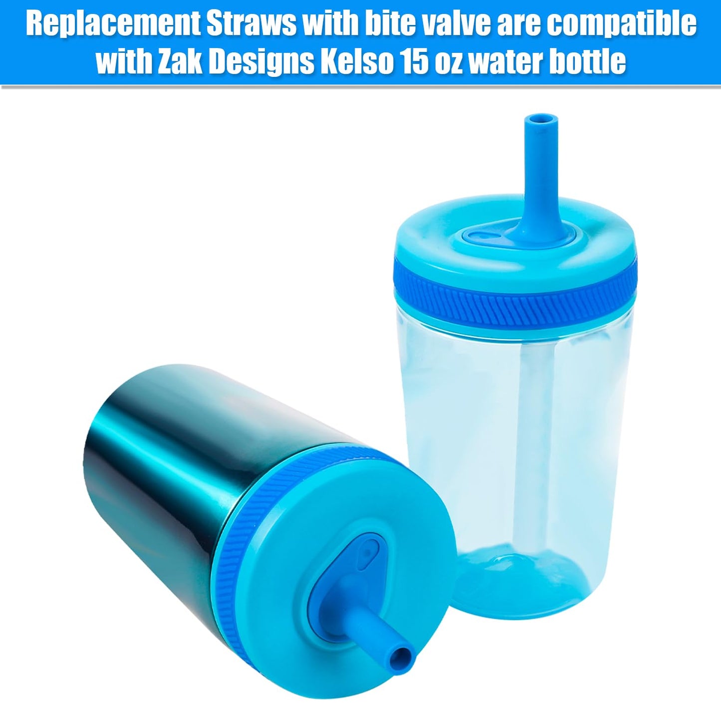 4pcs Replacement Straws with Bite Valve for Zak Designs Kelso 15 oz, with 1 Cleaning Brush Reusable Kids Cup Replacement Straws Accessory for Zak, BPA-Free (Blue)