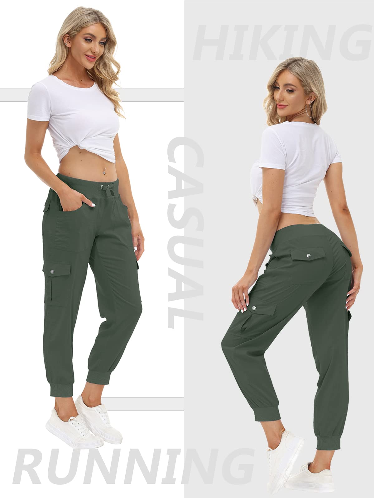MoFiz Women's Hiking Pants Cargo Joggers Sweatpants with Pockets Lightweight Quick Dry Outdoor Summer Casual Athletic Elastic Waist Army Green M