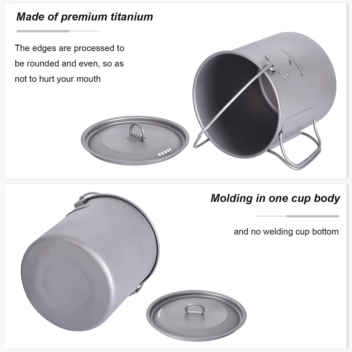 iBasingo 1250ml Titanium Hanging Mug with Lid Tea Coffee Water Cup Outdoor Camping Pot Ultra-light Portable Hiking Backpacking Cooking Kit Picnic Tableware Drinkware with Foldable Handle Ti3042D