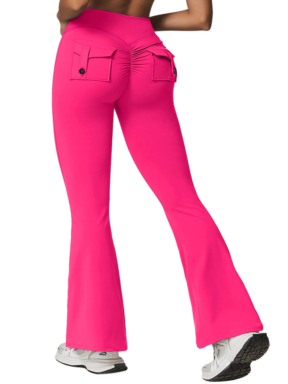 Rugkey Women High Waisted Flare Leggings with Pockets Tummy Control Compression Yoga Pants Scrunch Butt Lifting Workout Tights Rose-L