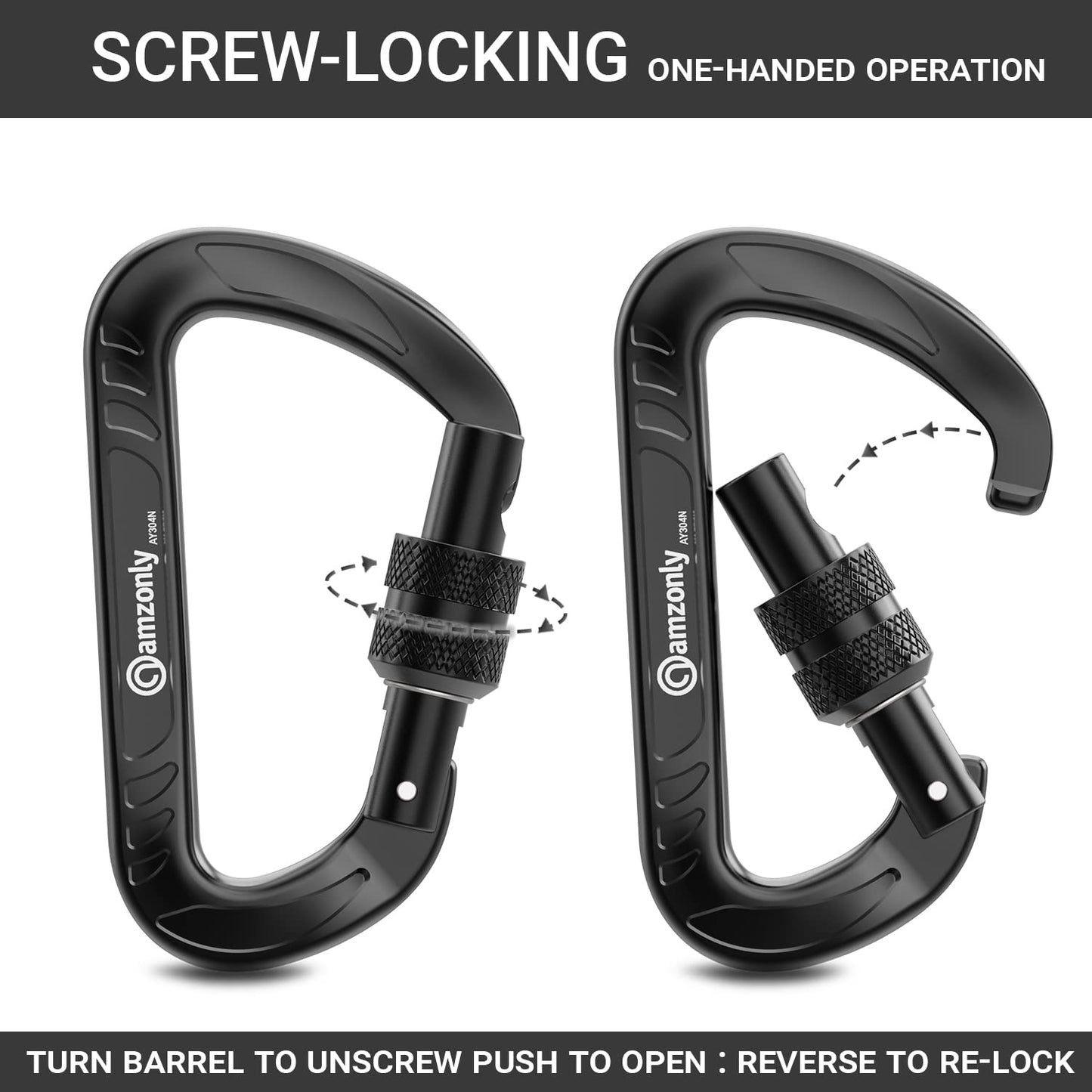 Amzonly 12kN Heavy Duty Carabiner Clip, Screw Locking Carabiner Clips for Securing Pets, Camping, Hiking, Hammock, Dog Leash Harness, Keychains Black, 4Pack