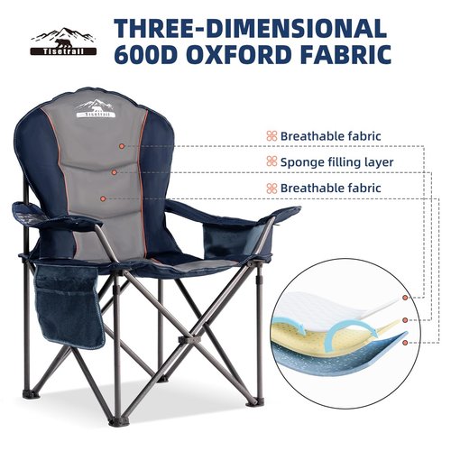 Tisetrail Oversized Camping Chair Folding Chair with Cooler Padded Outdoor Chairs Heavy Duty Support 500 LBS Steel Frame Collapsible Arm Chair with Cup Holder Blue & Gray