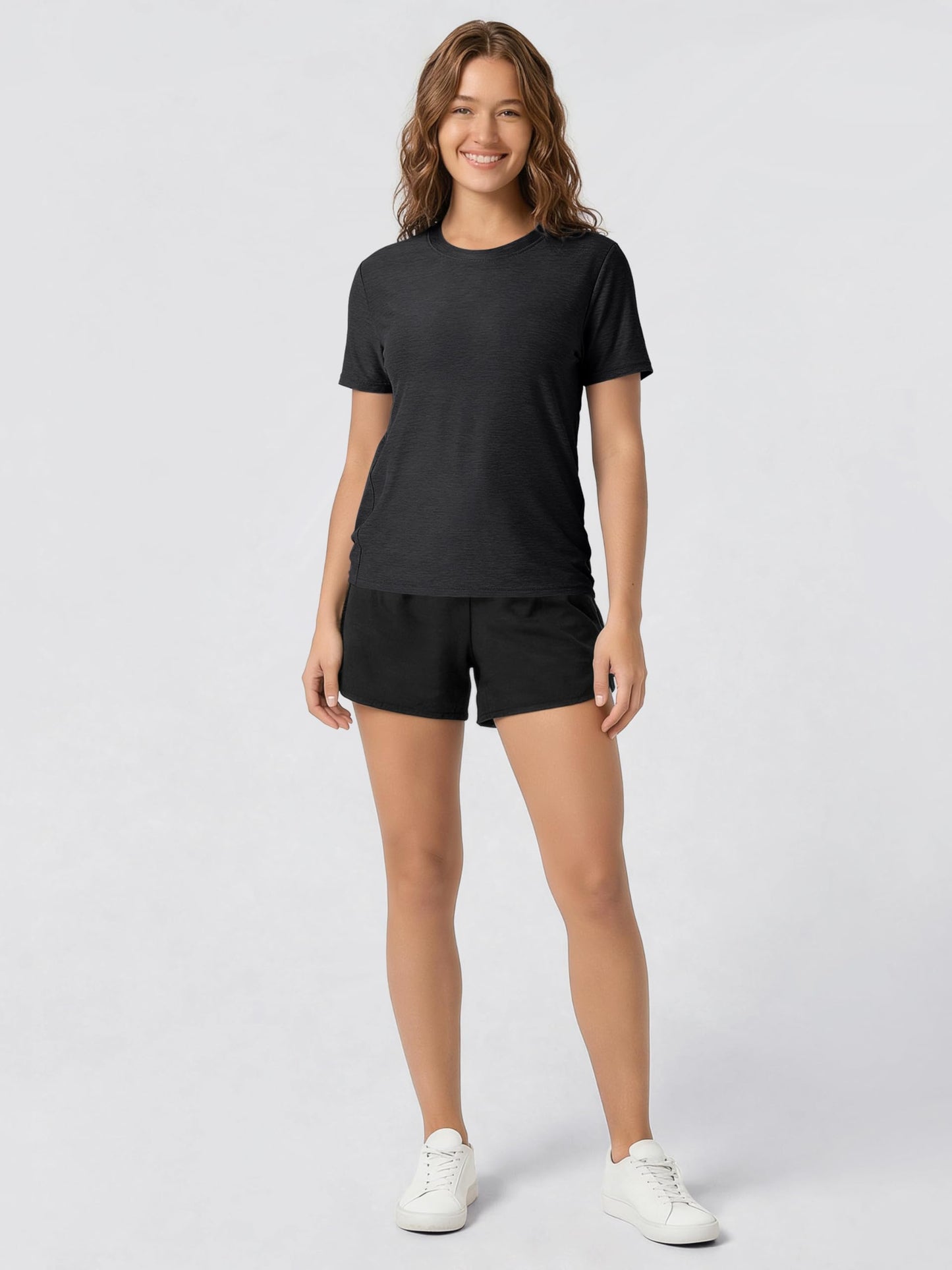 ODODOS Women's Performance Tee Ultra Soft odSTRATUM Tech Short Sleeve Relaxed Top Crew Neck T-Shirts, Black Heather, X-Large