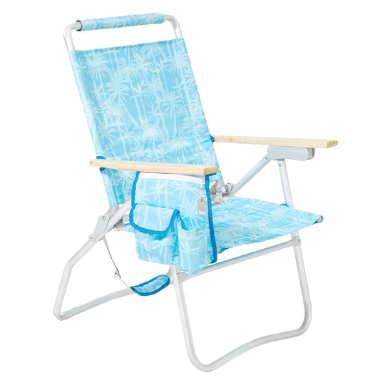 #WEJOY High Back Beach Chair, 4 Position Adjustable Heavy Duty Aluminum Folding Backpack Camping Chairs with Wooden Armrest, Storage Bag & Cup Holders for Outdoor Travel Fishing (Blue White)