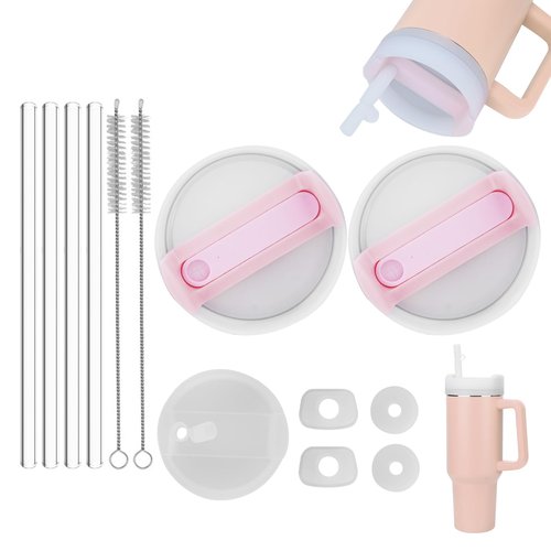 Stanley 2 Pcs Replacement Lids for 40 Oz Tumbler - Silicone Spill Stopper Set with Dust Cover, Straw Lid & Reusable Straws (Pink)
