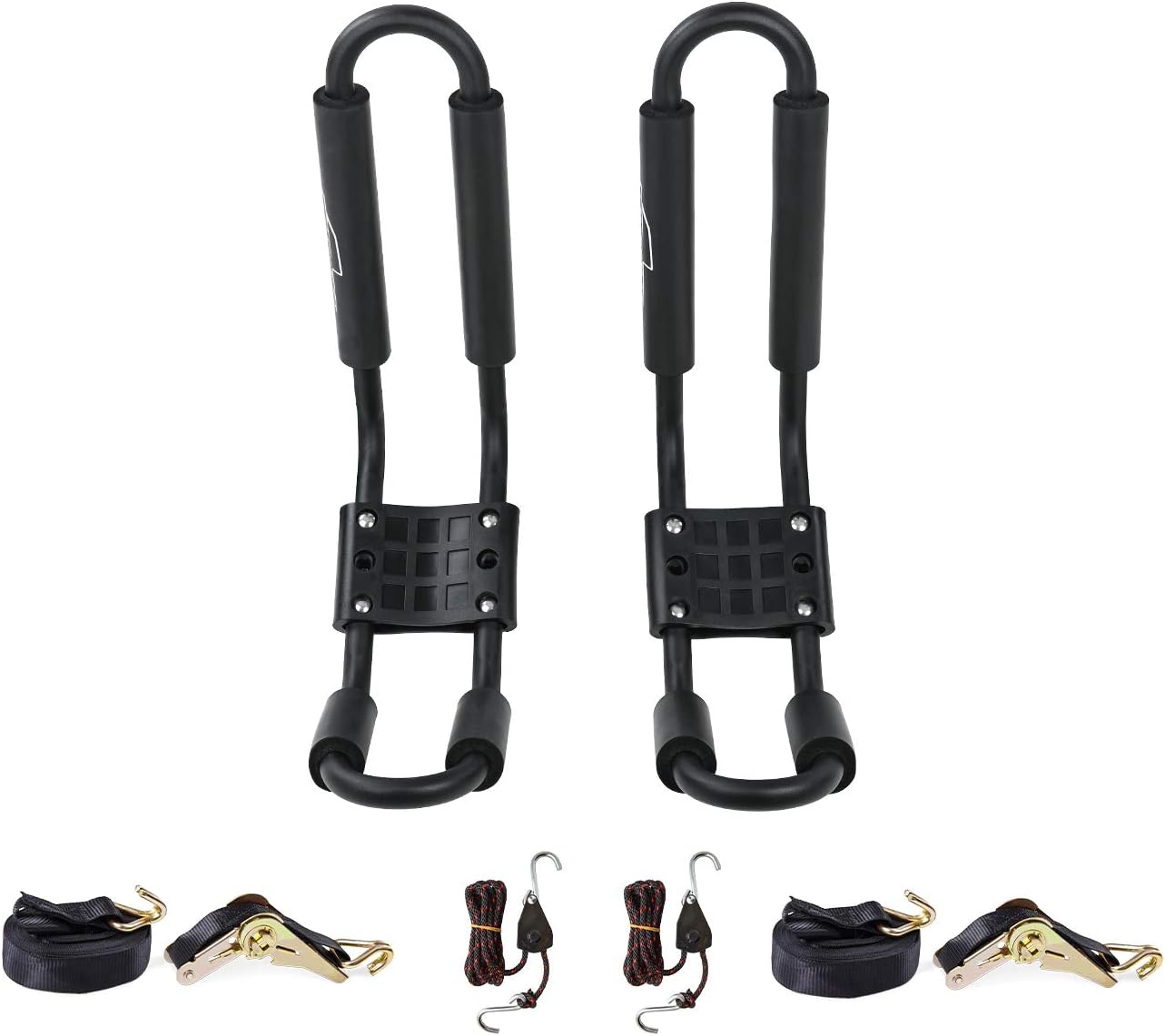 AA-Racks J-Bar Rack for Kayak Canoe Boat Carrier Roof Top Mount on Car SUV Truck Crossbar with 16 Ft Ratchet Lashing Straps & 10 Ft Ratchet Bow and Stern Tie Down Straps