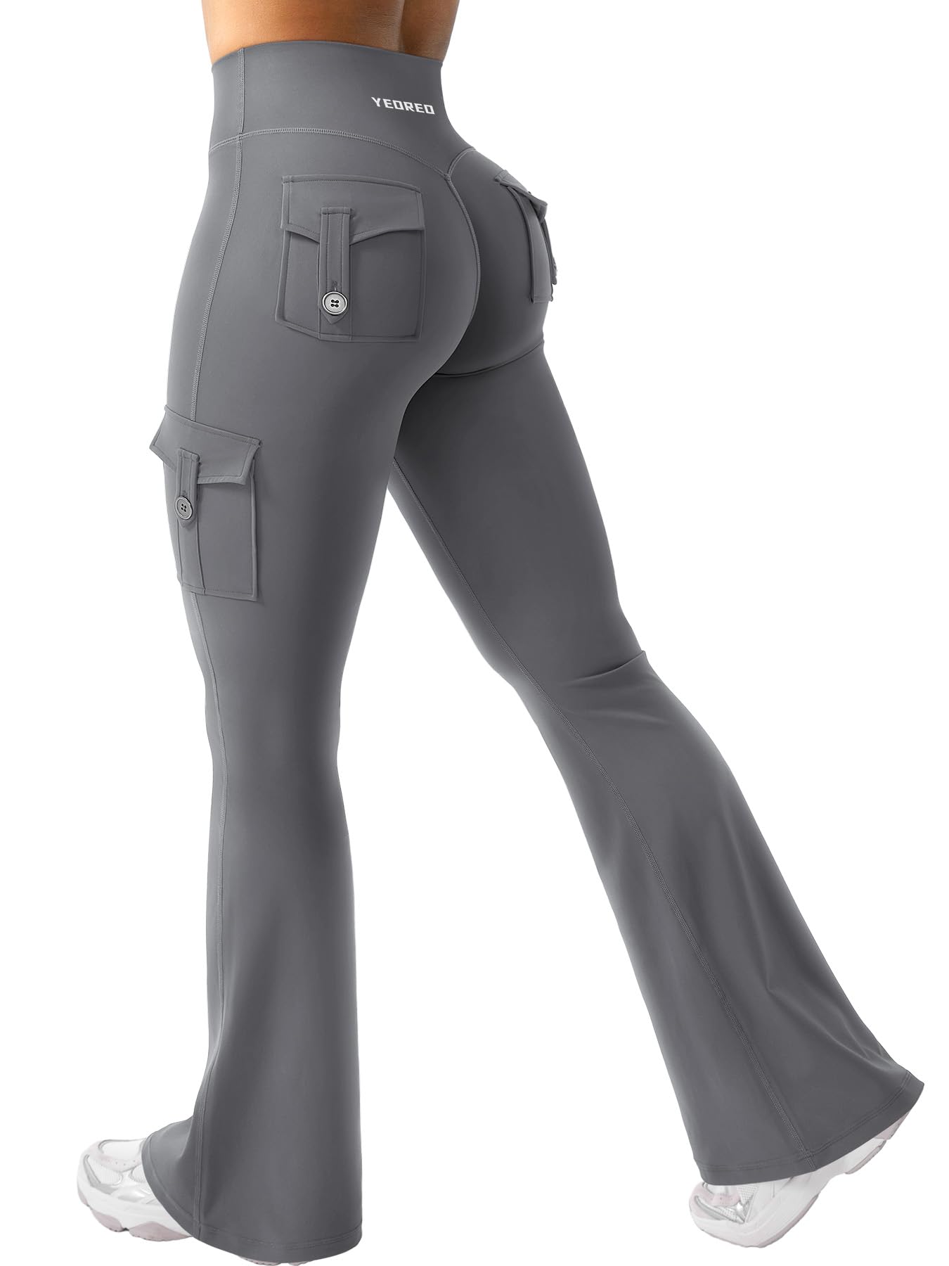 YEOREO CoreFlex Women Workout Flare Leggings with Pockets Hidden Scrunch Cargo Gym Yoga No Front Seam Leggings Lara Smoke M