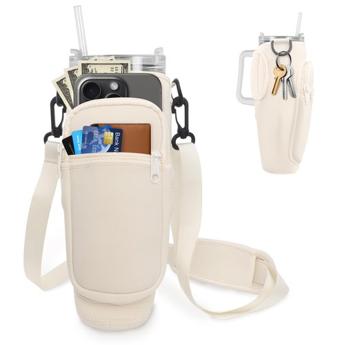 Miruchertter Water Bottle Carrier Bag With Phone Pocket for 40/30 oz Stanley Cup - Sling Holder Pouch With Adjustable Strap for Accessories