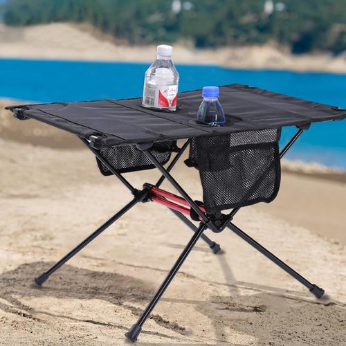 Blueshyhall Camping Table Folding, Small Beach Table Foldable with Drink Holder & Mesh Storage, Compact Camp Tent Side Table for Sand/Picnic/Tailgate/Boat/Travel