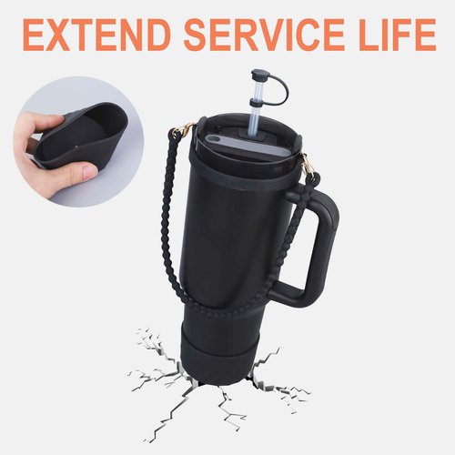 Cup Accessories Set for Stanley Including 1 Pcs Water Bottle Handle, 3 Pcs Silicone Spill Proof Stopper, 1 Pcs Silicone Boot for Stanley Cup 30/ 40oz Tumbler Accessories (Black)