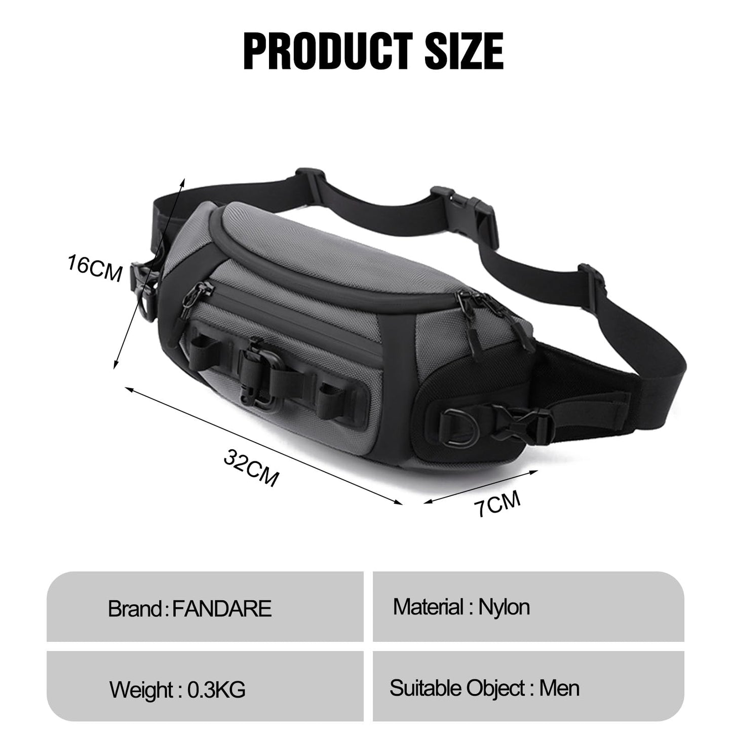 FANDARE Waist Fanny Pack Casual Sling Bag Sport Bumbags for Women Men Chest Crossbody Bags Cover Pack for Hiking Cycling Travelling Outdoor Gym Business Nylon Shoulder Pouch Grey