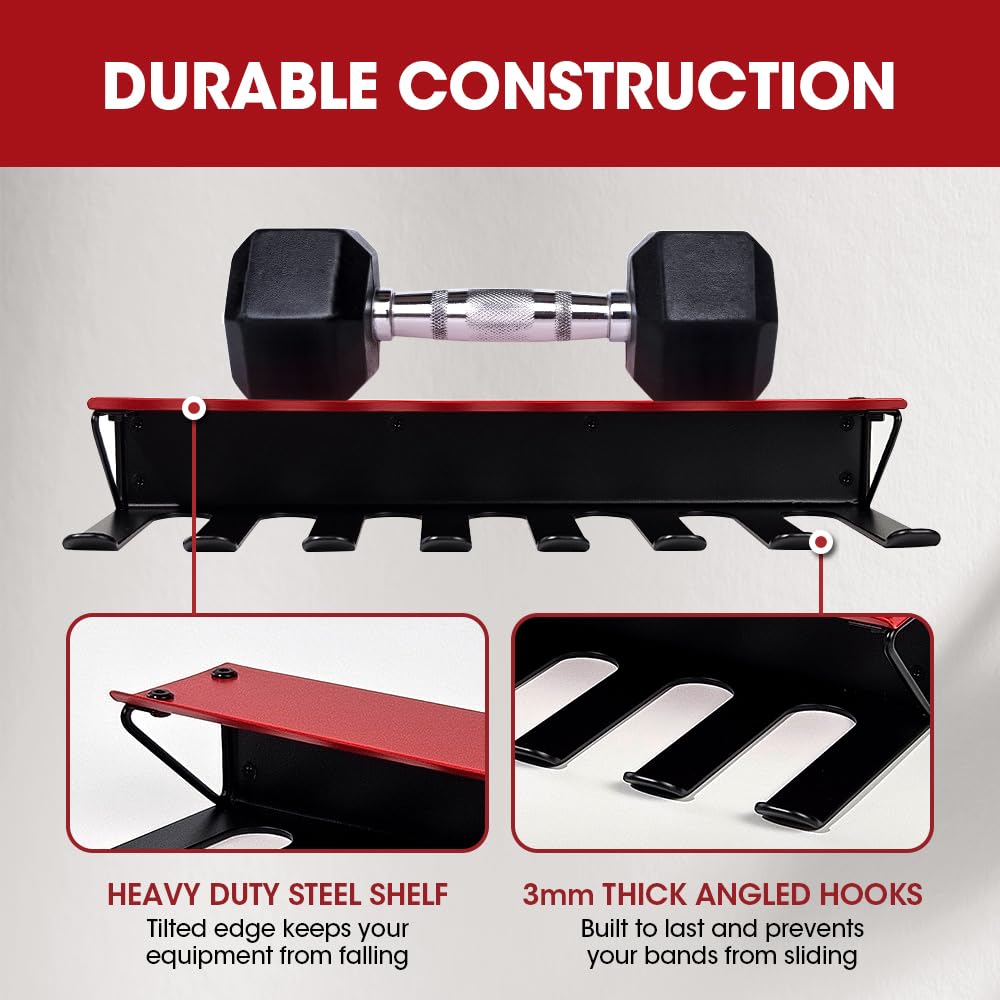 Home Gym Storage Accessory Rack Organizer with Shelf 8 Steel Hooks, Multi-Purpose Workout Gear Equipments, Fitness Resistance Bands, Lifting Belts Wall Rack Holder- MK713B