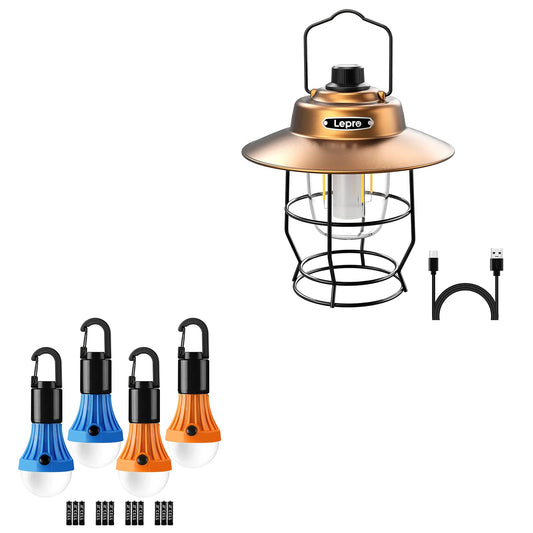 Lepro Bundle - 2 Items: Lepro Vintage Rechargeable LED Camping Lantern & Lepro LED Camping Lantern Hanging Tent Light Bulbs with Clip Hook