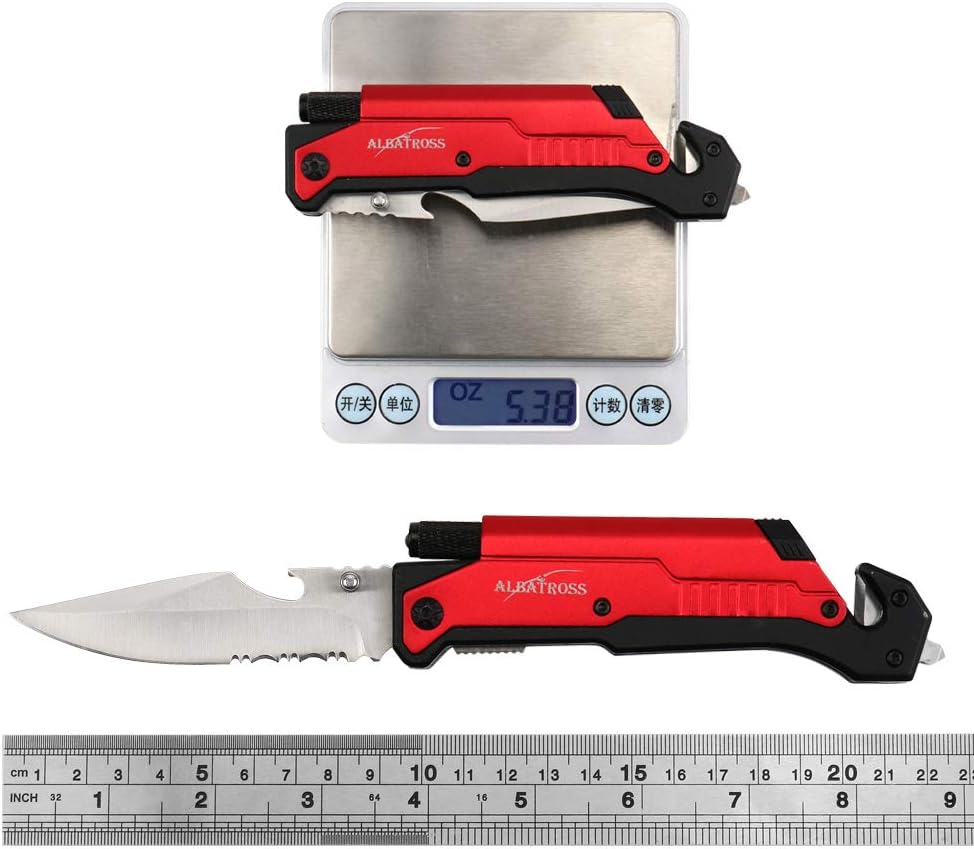 ALBATROSS 6-in-1 Survival Tactical Military Folding Pocket Knives with LED Light,Seatbelt Cutter,Glass Breaker,Magnesium Fire Starter,Bottle Opener;Multi-Function Emergency Tool(Black)