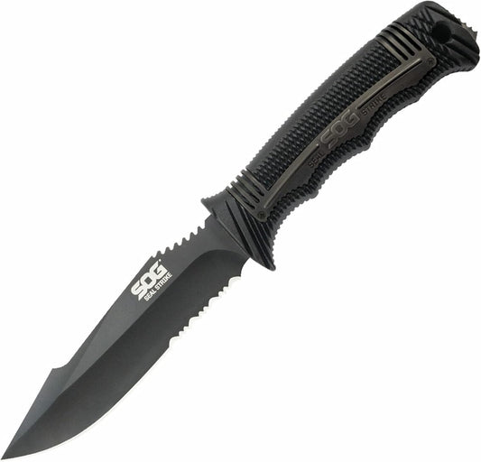 SOG Seal Strike Fixed Blade Knife with Sheath- Tactical and Hunting Knife with 4.9 Inch Partially Serrated Bowie Knife Blade and Survival Knife Line Cutter (SS1003-CP)