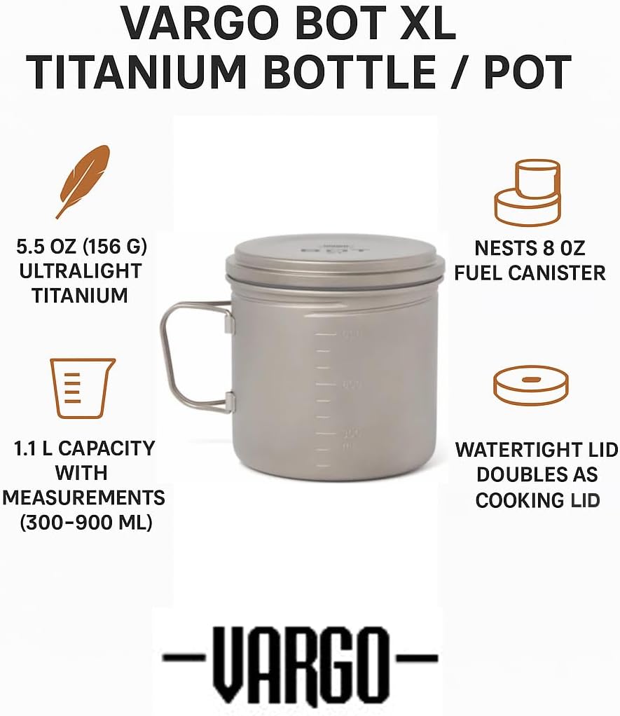 Vargo Titanium BOT Series | Vargo BOT - 700 | Titanium Cooking Pot and Water Bottle with Foldable Handles and Watertight Lid | 700ml (23 oz.)