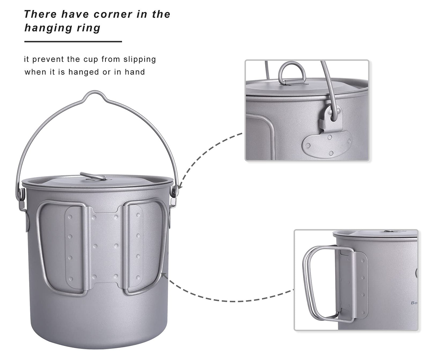 iBasingo 1250ml Titanium Hanging Mug with Lid Tea Coffee Water Cup Outdoor Camping Pot Ultra-light Portable Hiking Backpacking Cooking Kit Picnic Tableware Drinkware with Foldable Handle Ti3042D