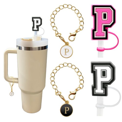 （2+2）2PCS Straw Cover for Stanley Cup 30&40 Oz 10mm Straw Topper with 2PCS Stanley Cup Accessories Letter Charms Name ID Initial Letter Handle Personalized Charm For Stanley Tumbler (Letter P)