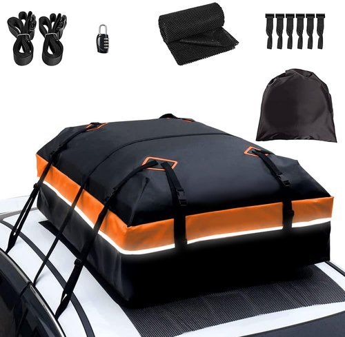 BOPARAUTO 21 Cubic Feet Car Rooftop Bag Waterproof Heavy Duty for All Cars Cargo Carrier Bag with/Without Rack Including Anti-Slip Mat 2 Luggage Locks 2 Extra Straps 6 Strong Nylon Straps Orange Bag