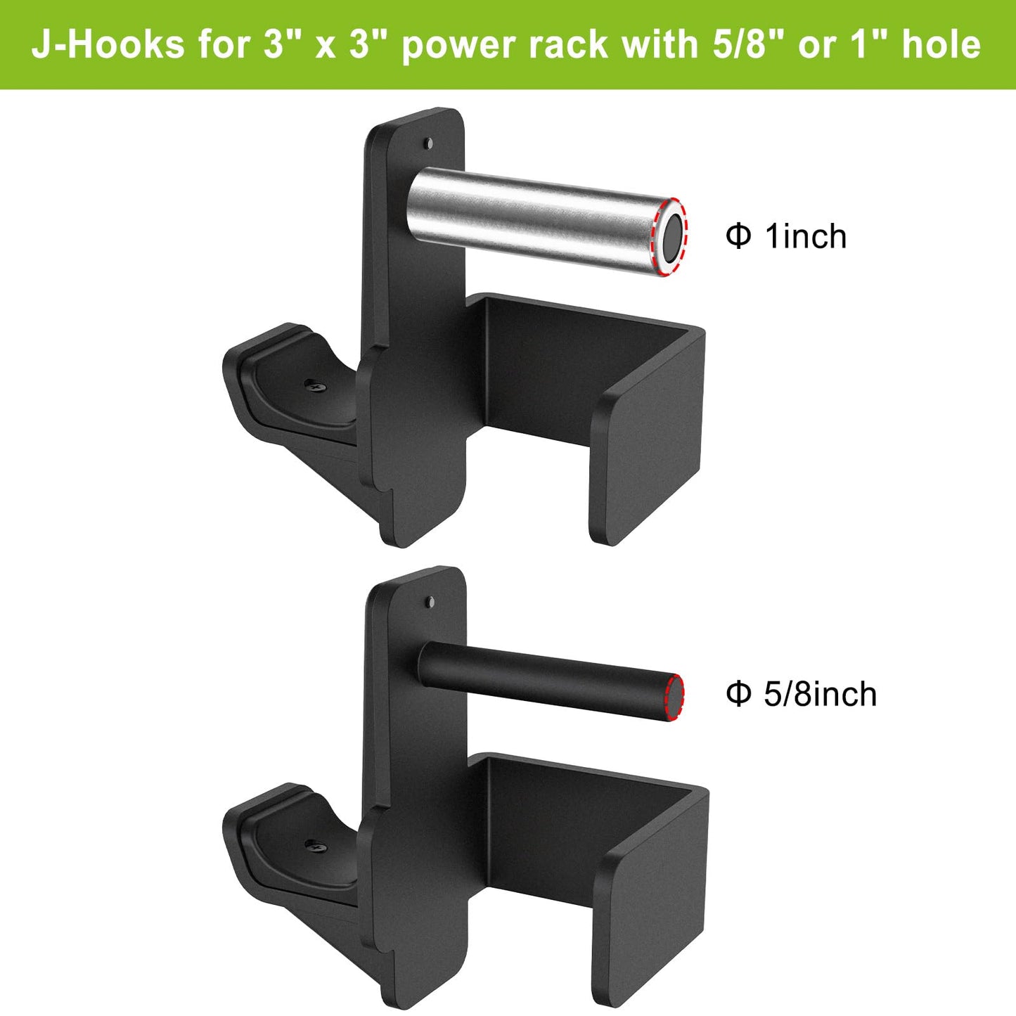 Kipika J-Hooks for 3" x 3" Power Rack - 5/8" or 1" Hole - Reinforced Steel with Rubber Pads - Heavy Duty Squat Rack Accessories - 2Pcs