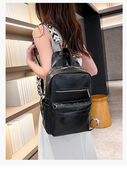 Sling Bag with 2 Guitar Strap for Women Vintage Pu Leather Chest Bag Casual Crossbody Shoulder Daypack for Hiking (black)