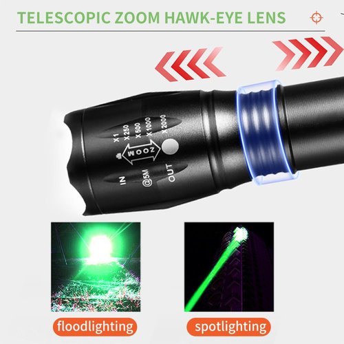 YZYOE Rechargeable Green Light Tactical Flashlight，500 Yard Green Light Zoomable Flashlight Observation Lights with Pressure Switch Universal Picatinny Rail Mount kit.