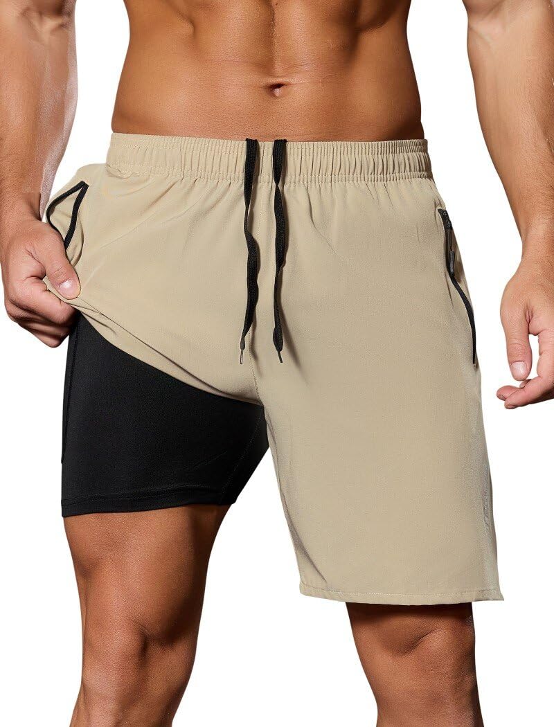 SILKWORLD Men's Athletic Running Shorts 7" Quick Dry Gym Workout Shorts Stretch Side-Split Leg Basketball Shorts with Zip Pockets,Khaki,Medium