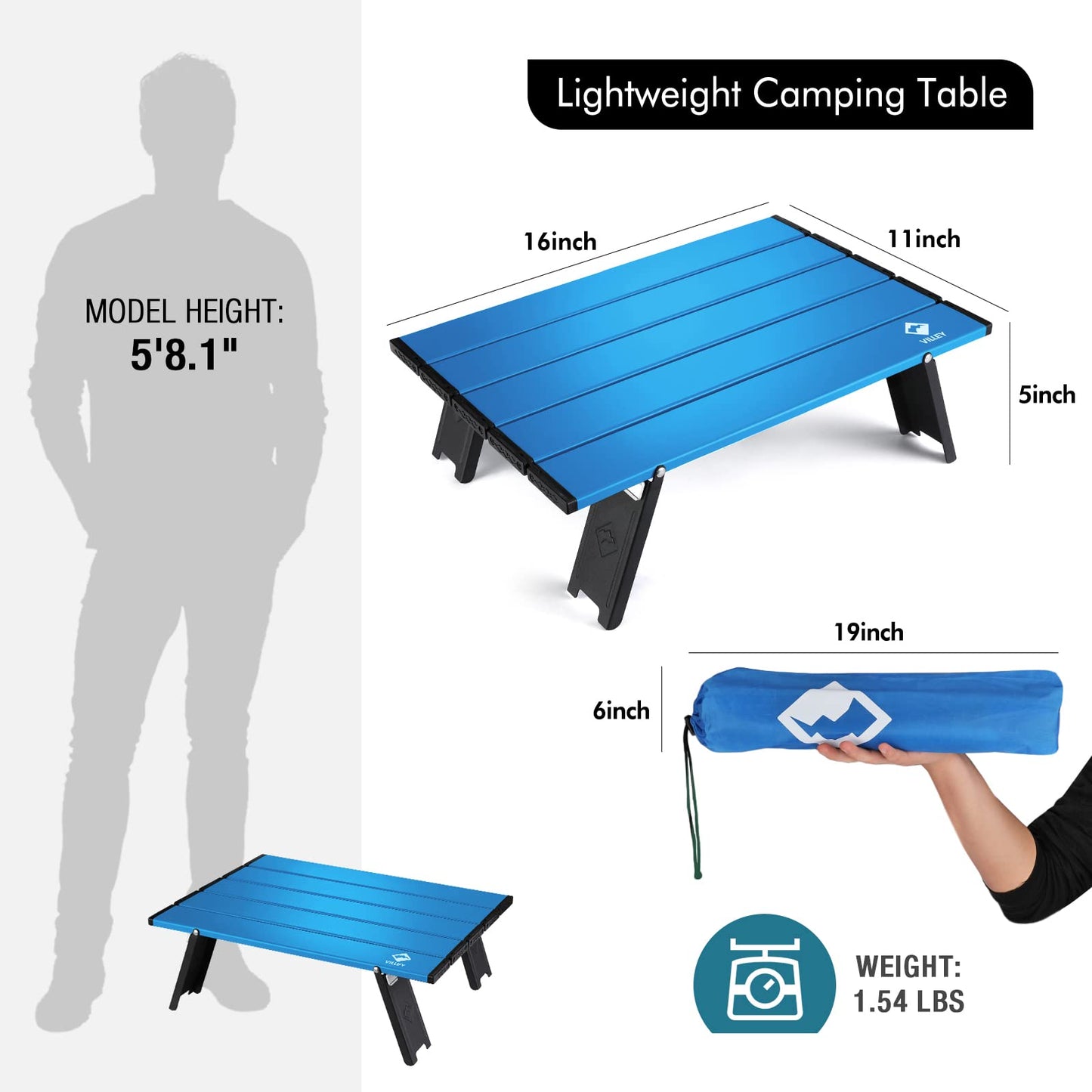 VILLEY Portable Camping Side Table, Ultralight Aluminum Folding Beach Table with Carry Bag for Outdoor Cooking, Picnic, Camp, Boat, Travel - Blue