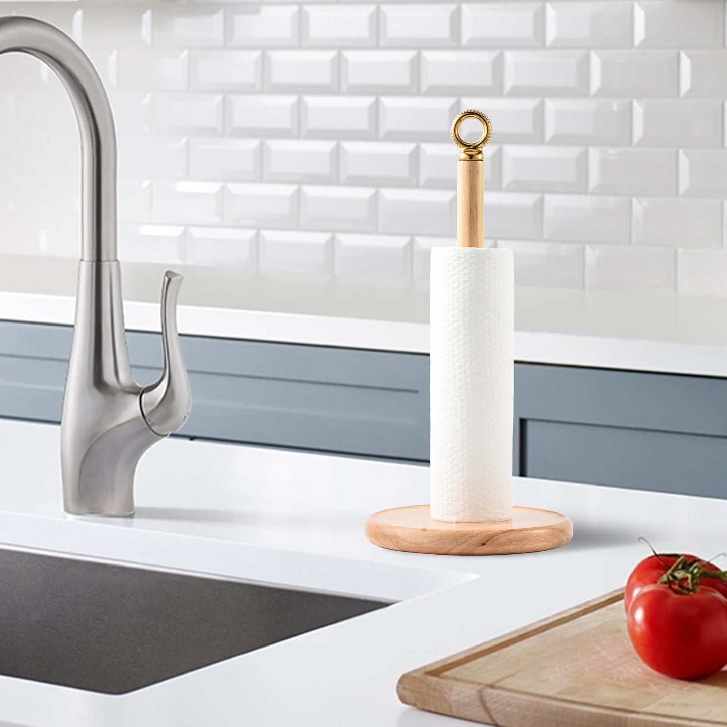 SATU BROWN Stylish Paper Towel Holder Countertop with Heavy Duty Wood Base, Farmhouse Paper Towel Roll Stand for Kitchen Counter fits Standard and Jumbo Size Paper Towels