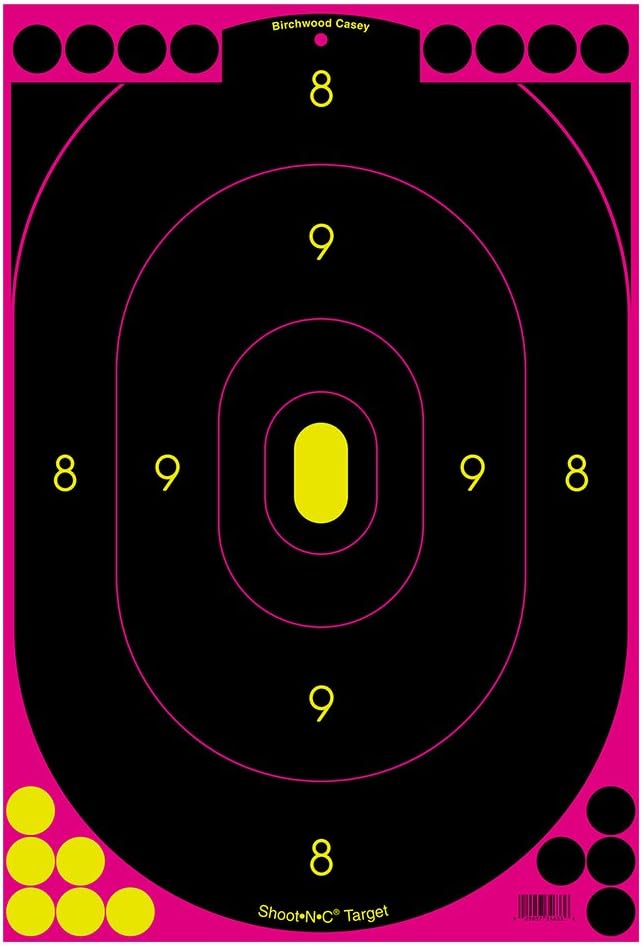 BIRCHWOOD CASEY Shoot-N-C 12" x 18" Bull's-Eye Oval Pink Silhouette Reactive Targets - Highly Visible Instant Feedback Self-Adhesive Shooting Target Stickers with Repair Pasters