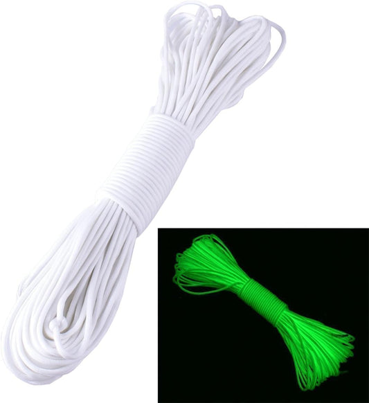 Paracord Parachute Cord, Portable Survival 9 Strand 550 Luminous in The Dark 25Ft, 50Ft, 100Ft (White, 25ft)