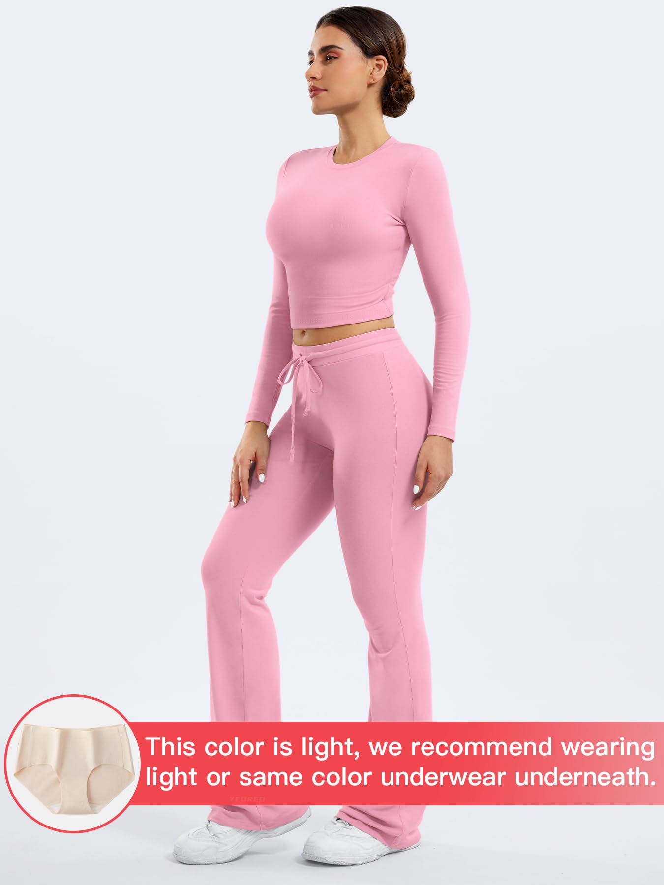 YEOREO Two Piece Sets for Women Long Sleeve Tops Lounge Set Drawstring Wide Leg Pants Ava Matching Pink M