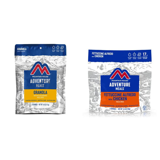 Mountain House Granola with Milk & Blueberries + Mountain House Fettuccine Alfredo with Chicken | Freeze Dried Backpacking & Camping Food Bundles | 2 Servings Each